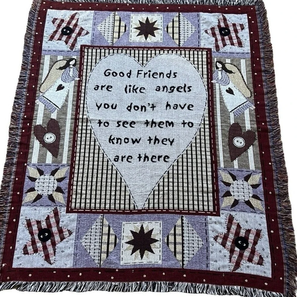 Vintage Tapestry Throw Blanket Good‎ Friends Angels Fringe 49x56 Collections